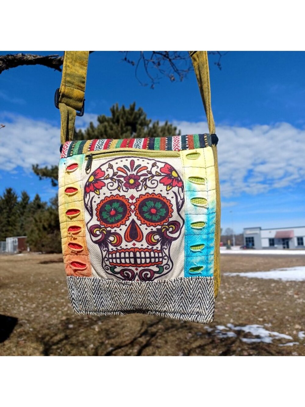 Colorful Sugar Skull Crossbody Bag Purse Strap Multicolor Zipper Boho Hippie M